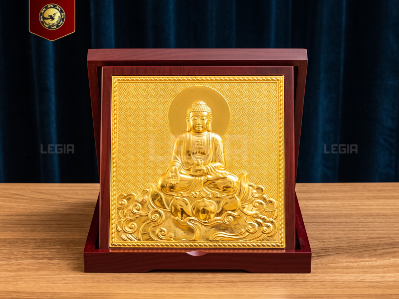 Hộp Gỗ Mặt Đĩa Phật A Di Đà - đồng mạ vàng - 23x23cm thumbnail