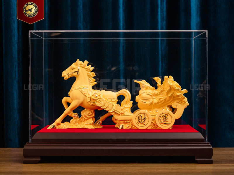 Tượng ngựa kéo xe tài lộc - Mạ Vàng Cát - 305x63x150 mm thumbnail